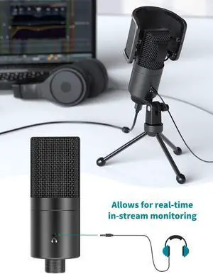 FIFINE USB Desktop PC Microphone with Pop Filter for Computer and Mac, Studio Condenser Mic with Gain Control Mute Button Headphone Jack for Gaming Streaming Recording YouTube, Extra USB-C Plug -K683A