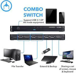 OREI 4K 3 Port 3x1 HDMI KVM Switch, Share Multiple Devices, PC, Computers, Phones, Gaming on One Display Monitor, Keyboard Control and USB Peripheral Control - UltraHD HDCP 2.0