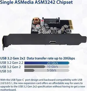Syba Single Port USB-C 3.2 Gen 2x2 PCI-e Gen 3 x4 Expansion Card ASMedia ASM3242
