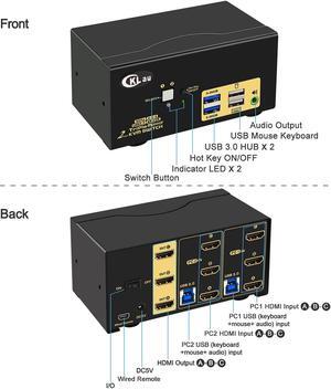 CKLau 4K@60Hz 2 Port HDMI KVM Switch Triple Monitor with Audio, Cables and 2 USB 3.0 Hub for 2 Computers Sharing Keyboard Mouse, 3 Monitors and 2 Peripherals Devices Support Hotkey Switching
