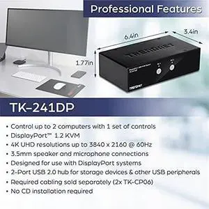 TRENDnet 2-Port DisplayPort KVM Switch, DisplayPort 1.2 KVM, Connect and Control Two Computers, Supports 4K UHD Resolution, 3840 x 2160 at 60Hz, 2-Port USB 2.0 Hub, Black, TK-241DP
