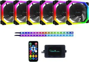 Apevia PN6P2-RGB Phoenix 120mm Silent Dual-Ring RGB Color Changing LED Fan with Remote Control, 16x LEDs & 8X Anti-Vibration Rubber Pads w/ 2 Magnetic LED Strips (6+2-pk)
