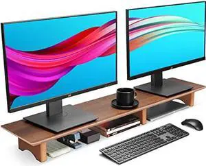 Aothia Large Dual Monitor Stand Riser, Solid Wood Desk Shelf with Eco Cork Legs for Laptop Computer/TV/PC/Printers, Perfect Desktop Stands Organizer with Underneath Storage for Office Accessories