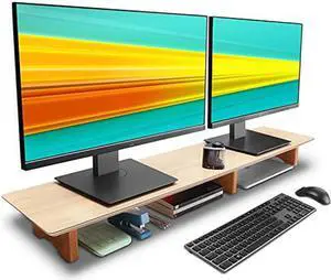 Aothia Large Dual Monitor Stand Riser, Solid Wood Desk Shelf with Eco Cork Legs for Laptop Computer/TV/PC/Printers, Perfect Desktop Stands Organizer with Underneath Storage for Office Accessories