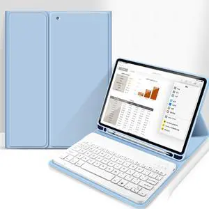 aoub Case for iPad 6th/5th Generation 9.7 inch, iPad Air 2, iPad Air, Stand Folio Detachable Wireless Bluetooth Keyboard Cover Soft TPU Back Case with Pencil Holder for iPad 9.7, Sky Blue