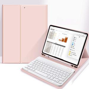 Aoub Case for iPad 9th/8th/7th Generation 10.2 inch, Stand Folio Detachable Wireless Bluetooth Keyboard Cover Soft TPU Back Case with Pencil Holder for iPad 10.2 2021/2020/2019, Baby Pink