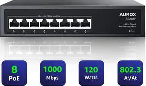 Aumox 8 Port Gigabit PoE Switch, 8 Port PoE 120W, Gigabit Ethernet Unmanaged Network Switch, Plug and Play, Sturdy Metal Housing, Traffic Optimization