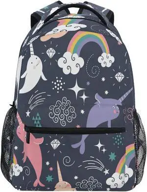 Backpack for Girls Kids Boys Teens Rainbow Narwhal Lightweight Bookbag School Bag Laptop Bags Travel Hiking Camping Daypack