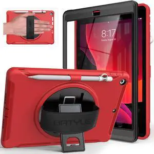 BATYUE Case for iPad 9th/ 8th/ 7th Generation (iPad 10.2 inch Case 2021/2020/2019) with Screen Protector, Rotating Stand, Hand Strap, Pencil Holder (Red)