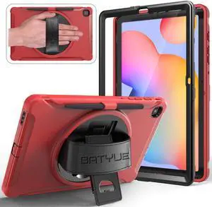 BATYUE Case for Samsung Galaxy Tab S6 Lite 10.4 Inch 2024/2022/2020 (SM-P610/P613/P615/P619/P620/P625/P627) ; Protective Rugged Cover with Rotating Stand, Pencil Holder, Hand Strap for Kids (Red)