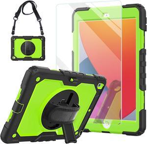 iPad 9th/8th/7th Generation Case 2021/2020/2019 10.2 Inch with Tempered Glass Screen Protector & Pencil Holder,Protective Kids iPad 10.2 Case 8th Gen Cover w/Stand Hand Shoulder Strap,Green