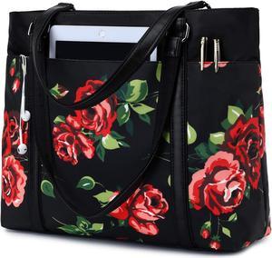 Laptop Tote Bag Womens Work Bags Purse Floral Teacher Handbag Shoulder Bag fit 15.6 in laptop (Black - Rose)