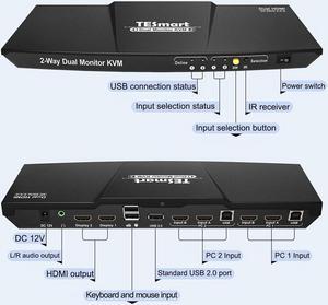 2-Port Dual Monitor KVM - HDMI + HDMI - 4K 60HZ - QHD 144HZ - Audio Output & USB Sharing - Multimedia & Gaming Keyboard Supported - HKS0402A1U...