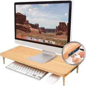CRAFT KITTIES Wood Riser Monitor Stand with USB Ports Computer Stand w/Slot for Tablet & Cellphone Computer Riser w/Big Storage, Dual Monitor Riser for PC, Computer, Laptop, Printer
