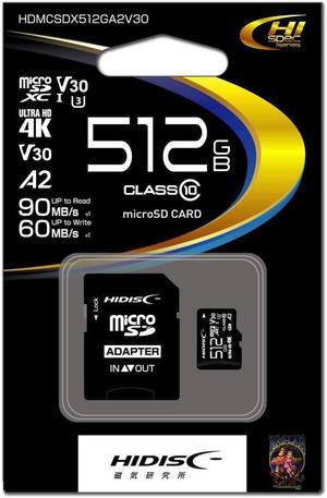 HIDISC HDMCSDX512GA2V30 Ultra High Speed MicroSDXC Card, Class 10, UHS-I Speed Class 3, A2 Compatible, 512GB