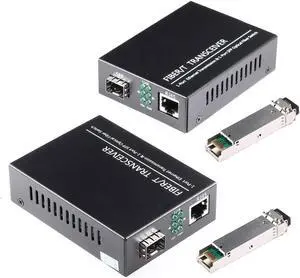 A Pair of 1.25G/s Bidi Gigabit Single-Mode Fiber Ethernet Media Converter with 2PCS Bidi SFP LC Transceiver Module Included, 10/100/1000Base-Tx to 1000Base-SX SMF RJ45 to SFP Slot up to 30KM