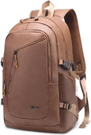 DYJ Vegan Leather Laptop Backpack for Women&Men, Faux Leather Vintage Weekend Travel Daypack with USB Charging Port Fit 17 Inch Laptops