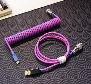 hokistudio Custom Coiled Type C USB Cable for Mechanical Keyboard Handwork Braided XLR Connector Spiral Paracord 100cm Version(Pink Purple)