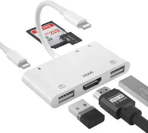 iPhone HDMI Adapter, HDMI Digital AV Adapter, USB Female OTG Adapter, 6 in 1 USB Camera Adapter, SD Card Reader for iPhone iPad, Support MIDI Keyboard, Mouse, HD TV/Projector/Monitor, No APP Needed