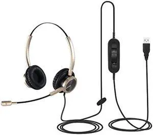 Emaiker Stereo USB Headset with Noise-Canceling Microphone for PC, Laptop, Golden USB Headphones for Call Center Office Work Skype Teams Zoom WebEx Ringcentral Softphone Dragon Dictation