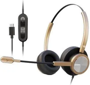 USB Type C Headphones with Noise Canceling Microphone, USB-C Headset with Mic for PC, Laptop, Lightweight Golden Headset for Laptop, PC, Skype, Zoom, Webinar, Google Meet, WeBex,Call Center,Office