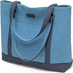 Laptop Bag for Women - Teacher Canvas Tote Bag with Compartments, Work Tote Bag for Travel Office 15.6 Inch