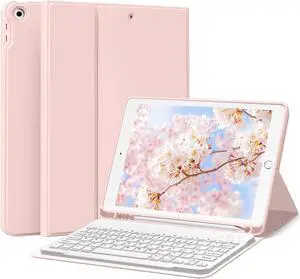 Keyboard Case for iPad 9th/8th/7th Generation 10.2 Inch 2021/2020/2019, Soft TPU Back Stand Cover Smart Case with Pencil Holder, Magnetically Detachable Wireless Bluetooth Keyboard, Pink