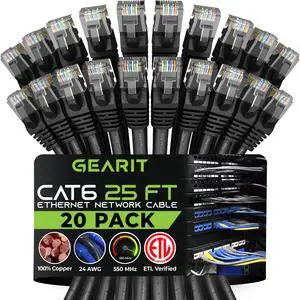 GearIT Cat 6 Ethernet Cable 25 ft (20-Pack) - Cat6 Patch Cable, Cat 6 Patch Cable, Cat6 Cable, Cat 6 Cable, Cat6 Ethernet Cable, Network Cable, Internet Cable - Black 25 Feet