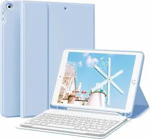 KENKE Keyboard Case for iPad 9th/8th/7th Generation 10.2 Inch 2021/2020/2019, Soft TPU Back Stand Cover Smart Case with Pencil Holder, Magnetically Detachable Wireless Bluetooth Keyboard, Light Blue