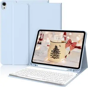 kenke Keyboard Case for iPad Air 11 Inch (M3/M2) 2025/2024, iPad Air 5th/4th Generation 10.9 Inch 2022/2020, Stand Folio Slim Cover with Pencil Holder, Detachable Wireless Keyboard, Light Blue