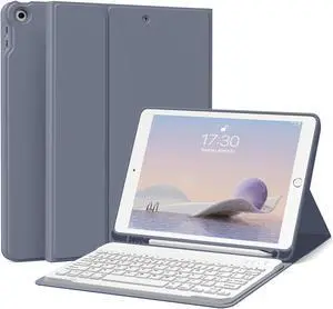 Keyboard Case for iPad 9th/8th/7th Generation 10.2 Inch 2021/2020/2019, Soft TPU Back Stand Cover Smart Case with Pencil Holder, Magnetically Detachable Wireless Bluetooth Keyboard, Purple