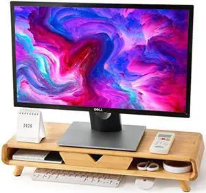 Homerays Bamboo Monitor Stand Riser, No Assembly Required Exquisite Monitor Stand with Drawer Ergonomic Height Wood Monitor Stand