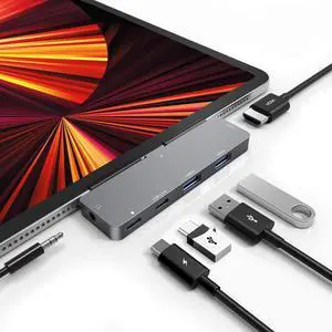 USB C HUB for iPad Pro 11/12.9 inch,Adapter for iPad Air 5,6 in 1 iPad Pro Hub Docking Station with 4K HDMI,3.5mm Headphone Jack,2 USB3.0 Ports,USB C PD Charging&Data,USB C Earphone Jack Accessories