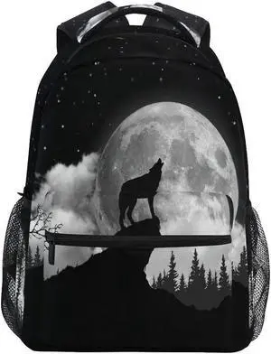 AUUXVA Backpack Howling Wolf Moon School Shoulder Bag Large Waterproof Durable Bookbag Laptop Daypack for Students Teens Girls Boys Elementary