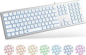 POWZAN Aluminum Quiet Wired Keyboard Backlit- Slim Chiclet Keyboard Compatible with Apple iMac, MacBook, Mac and PC, USB Keyboard Numeric Keypad RGB Lighted Key - Silver White