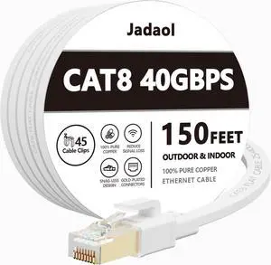 Cat8 Ethernet Cable, Outdoor&Indoor, 150FT Heavy Duty High Speed Cat 8 LAN Network Cable, 40Gbps 2000MHz RJ45 Flat Internet Computer Patch Cord, Weatherproof S/FTP UV Resistant for Router/Modem/Gaming