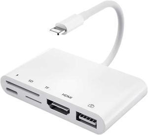 Lightning to HDMI Adapter Apple MFi Certified Camera Adapter 5 in 1 USB OTG Adapter 1080P Digital AV+Camera Memory Reader, SD &TF Card and Charging Port Compatible iPhone/iPad/iPod and More USB Device