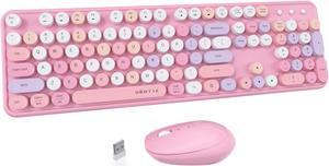 UBOTIE Colorful Computer Wireless Keyboard Mice Combo, Retro Typewriter Flexible Keys Office Full-Sized Keyboard, 2.4GHz Dropout-Free Connection and Optical Mouse (Pink-Colorful)
