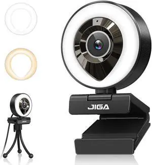 JIGA Streaming Webcam with Dual Microphone 1080P Adjustable Right Light Pro Web Camera Advanced Auto-Focus with Tripod Zoom Camera Gaming Webcam for Xbox Facebook YouTube Streamer Conferencing