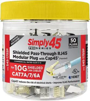 Simply45 ProSeries Pass-Through RJ45 Mod Plug - Shielded External Ground for 23AWG Solid, FPE Insulated 10G STP LAN Cables (Cat7a/7/6a) - Yellow, 50-Piece Jar - S45-1755P