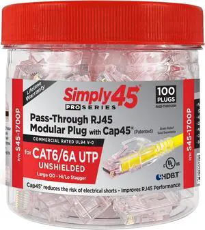 Simply45 ProSeries Unshielded Pass-Through RJ45 Modular Plugs with Cap45 for 23AWG Solid (Cat6/6a UTP) - Red Tint, Hi/Lo Stagger - 100-Pieces - S45-1700P