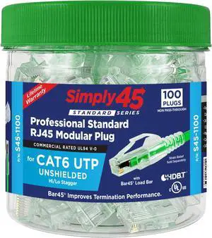 Simply45 Cat 6/6a UTP Unshielded WE/SS RJ45 Standard Modular Plug with Bar45 Load Bar for Cat6/6a - Green Tint - 100-Piece Jar, 3 Prong Pin Design - S45-1100
