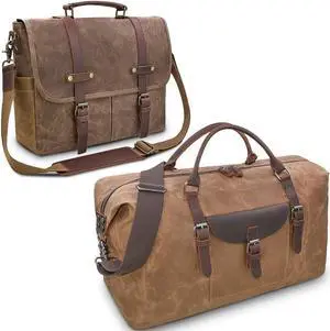 Mens Messenger Bag, Oversized Travel Duffel Bag Waterproof Canvas Genuine Leather Weekend bag and Briefcase Weekender Overnight Carryon Hand Bag