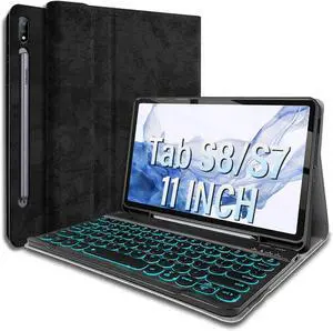 Backlit Keyboard Case for Samsung Galaxy Tab S8 2022/Tab S7 2020 11 inch(Model SM-X700/X706/T870/ T875/T876),Wineecy 7 Colors Light Detachable Wireless Keyboard & PU Folio Stand Pen Holder Cover,Black
