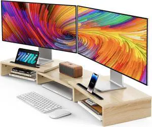 AMERIERGO Dual Monitor Stand Riser- 3 Shelf Screen Stand with Adjustable Length and Angle, 2 Extra Functional Slot Desktop Organizer Stand for PC, Computer, Laptop (Light Wood)
