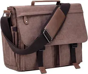 VASCHY Messenger Bag for Men, Water Resistant Canvas 14inch Laptop Shoulder Commuter Bag for Men and Women Coffee