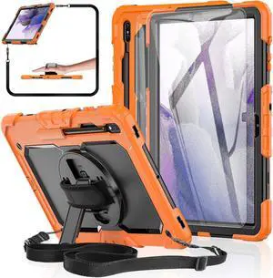 BASE MALL Tablet Case for Samsung Galaxy Tab S8 Plus 2022/S7 FE/S7 Plus 5G 12.4" [with 9H Tempered Glass Screen Protector],Rotating Kickstand/S Pen Holder/Shoulder & Hand Strap (Orange)