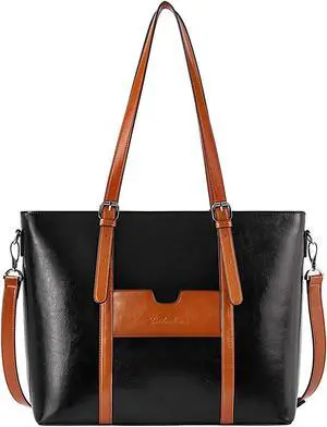 BOSTANTEN Women Leather Laptop Tote Office Shoulder Handbag Vintage Briefcase 15.6 inch Computer Work Purse Black