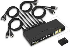 CKLau 4 Port KVM HDMI Switch with Digital Audio Output, All Input Cables and 2 USB 3.0 Hub, 4x1 HDMI KVM Switch USB 3.0 Supports Hotkey Switching, 4K@60Hz, 2K@144Hz, EDID