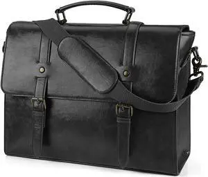 Leather Mens Messenger Bag Vintage 15.6 Inch Waterproof Leather Laptop Briefcase Large Satchel Shoulder Bag Retro Office College Computer Laptop Bag, Black